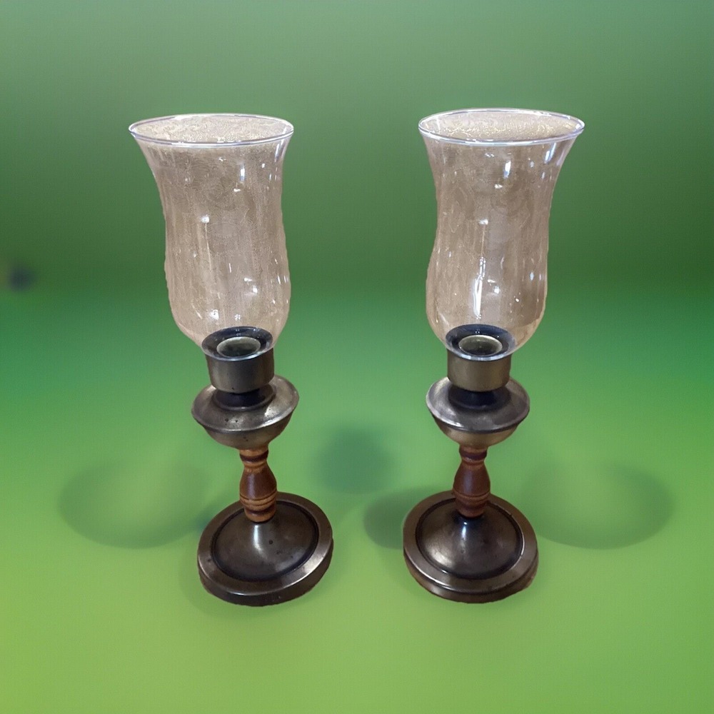 Pair Of 2 Vintage Brass Finish Wood And‎ Glass Candle Holders 14" Tall